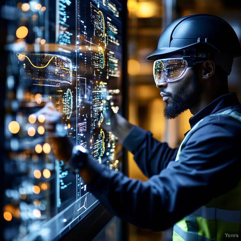 A man in a hard hat and safety glasses examines a large screen displaying data and graphs.