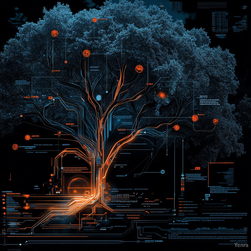 A tree is depicted in a digital illustration with circuitry and code intertwined throughout its structure.