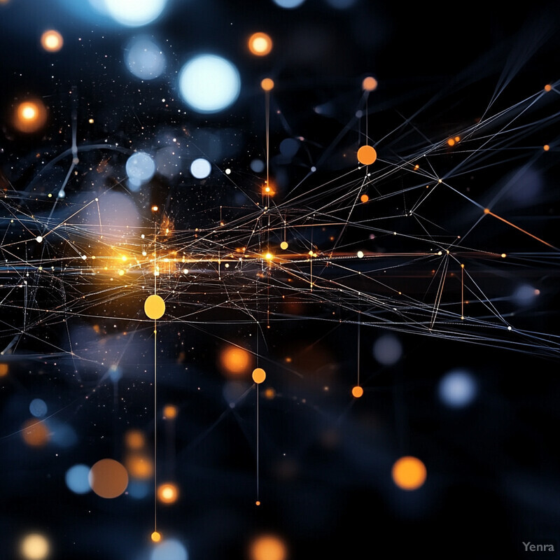 An abstract network diagram featuring a complex web of interconnected lines and dots on a black background.