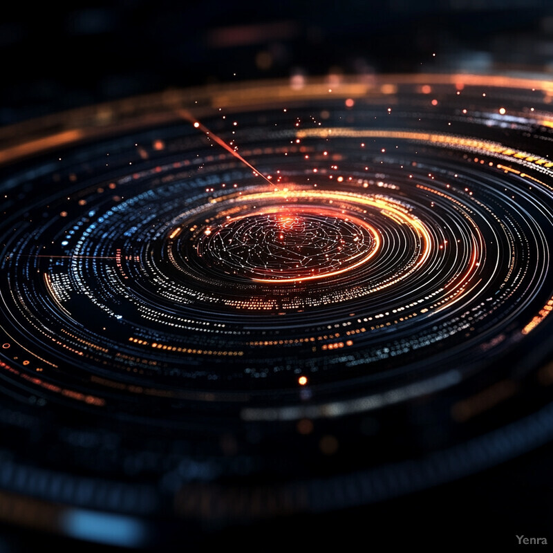 A visually striking representation of interconnected data streams, featuring a central spiral pattern surrounded by radiating lines with orange and blue dots.