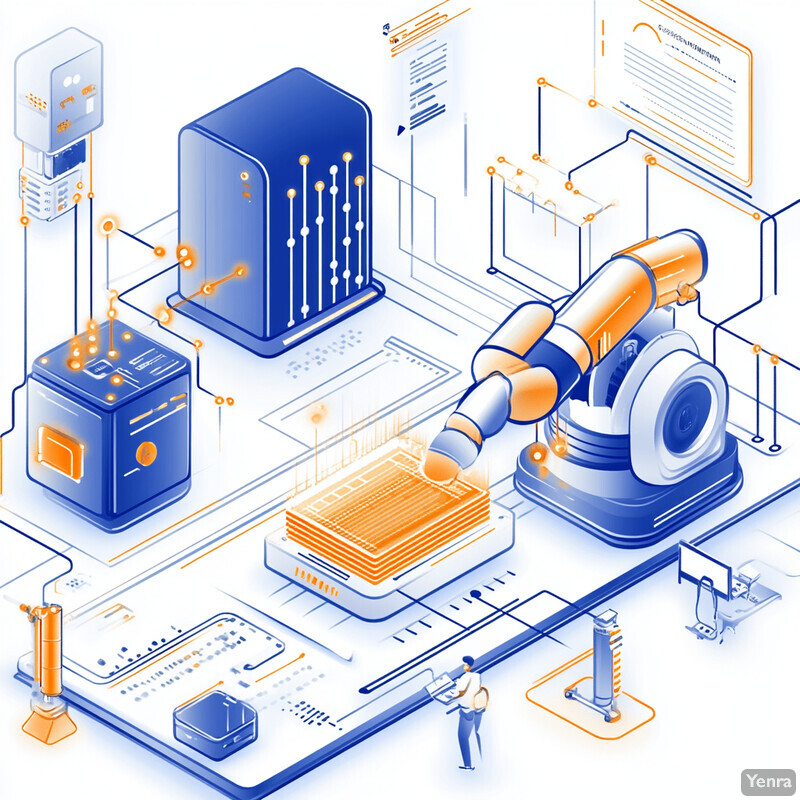 An illustration of a complex system with a robot arm, computer monitor, and other components.