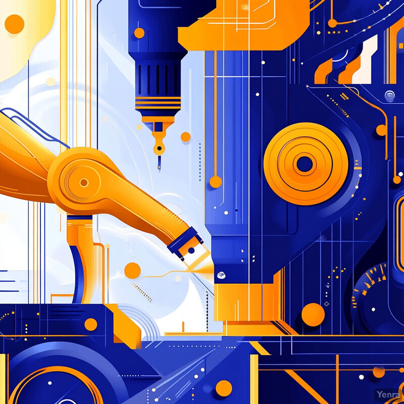 A detailed illustration of an industrial setting with various machines and equipment in operation.