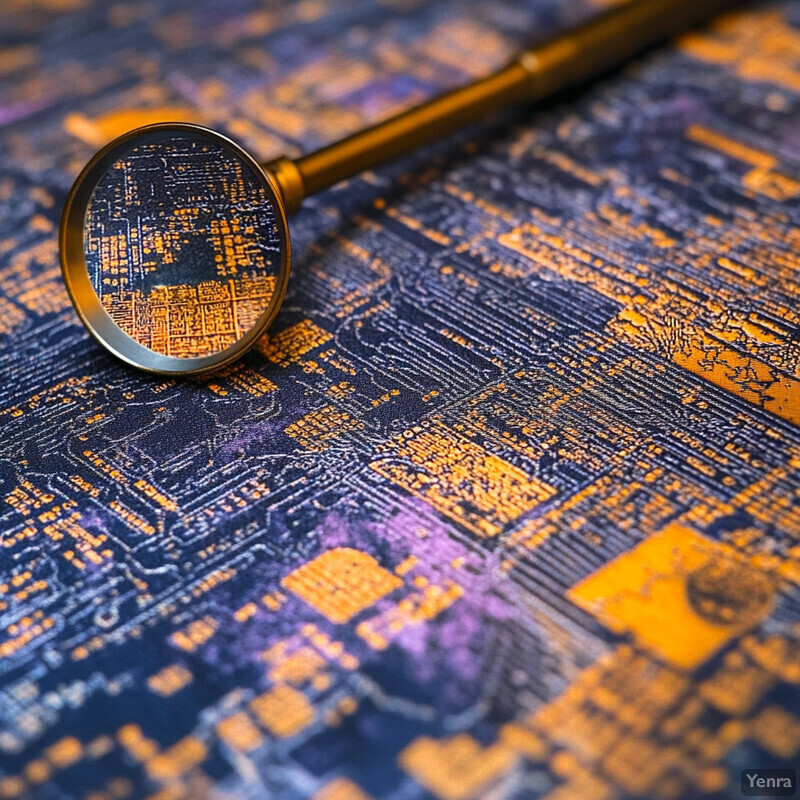 A magnifying glass lies on top of a circuit board or microchip, with various components and patterns visible through its lens.