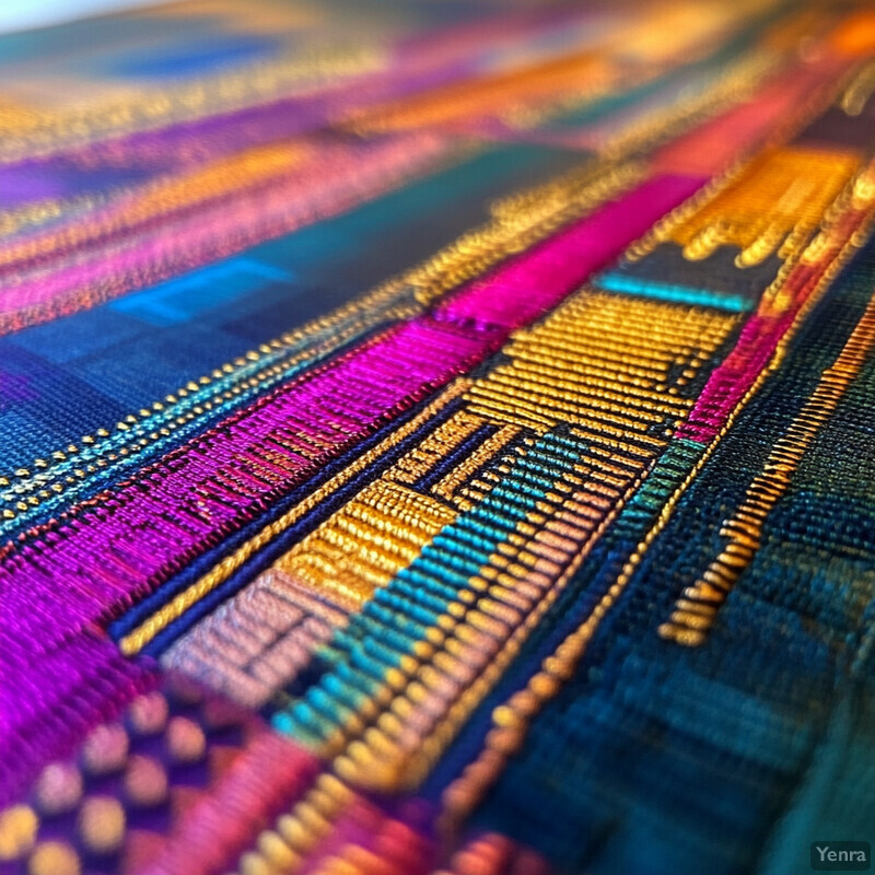 A close-up view of a vibrant and intricate textile with a glossy finish, featuring interlocking square patterns reminiscent of traditional Guatemalan textiles.