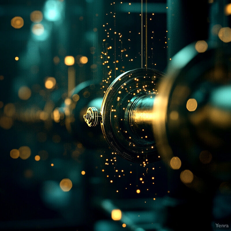 An abstract composition featuring teal and gold hues with metallic orbs and glowing yellow dots.