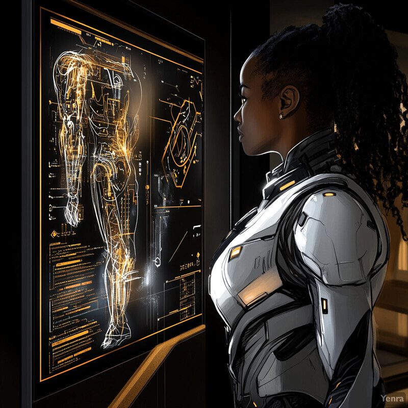 A woman in a futuristic robotic suit examines a detailed diagram of the human body on a large screen.