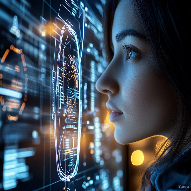 A woman working on a Human-in-the-Loop Verification System, utilizing AI to analyze and verify information in real-time.