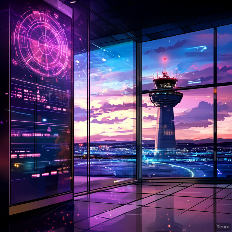 A futuristic airport control room with large windows overlooking an airport control tower and runway, featuring various screens displaying data.