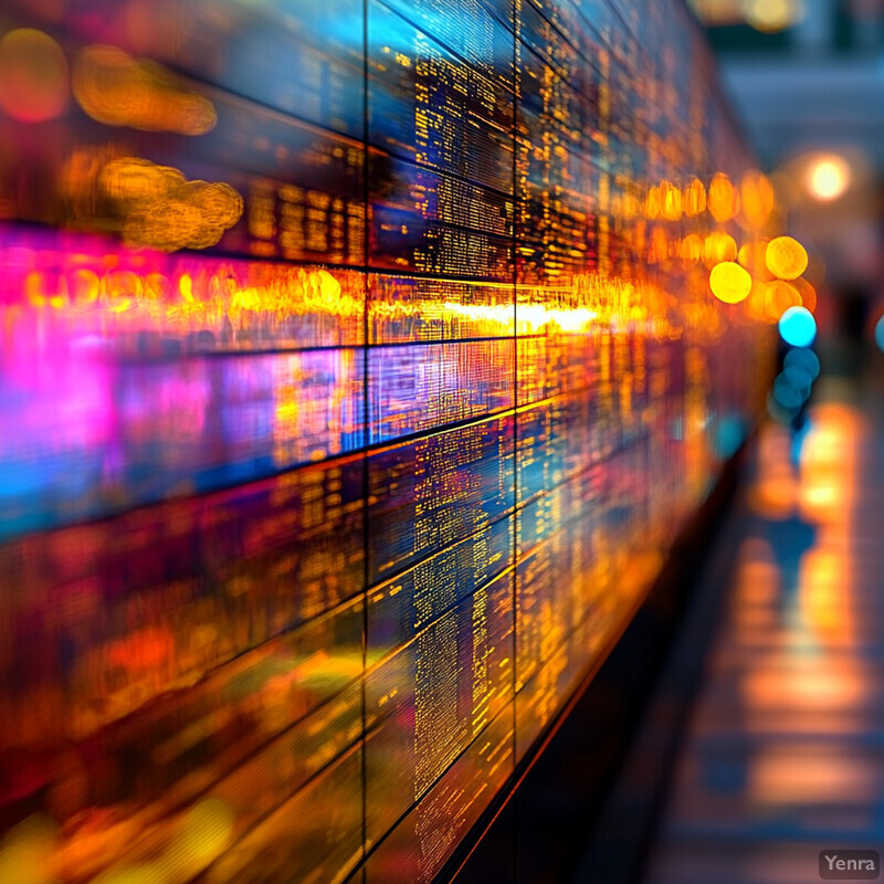 A wall of screens displaying various colors and patterns in a public space.