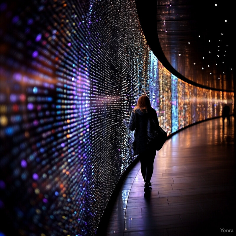 A woman walks through a hallway with walls covered in colorful lights.