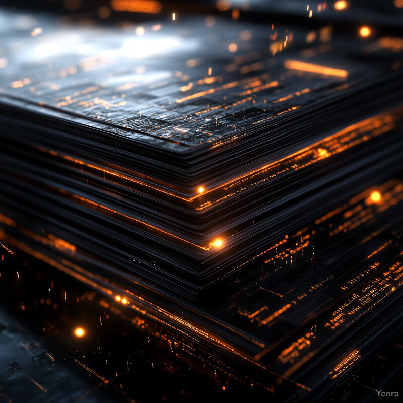 A 3D rendering of a stack of computer chips or circuit boards with intricate details and textures.