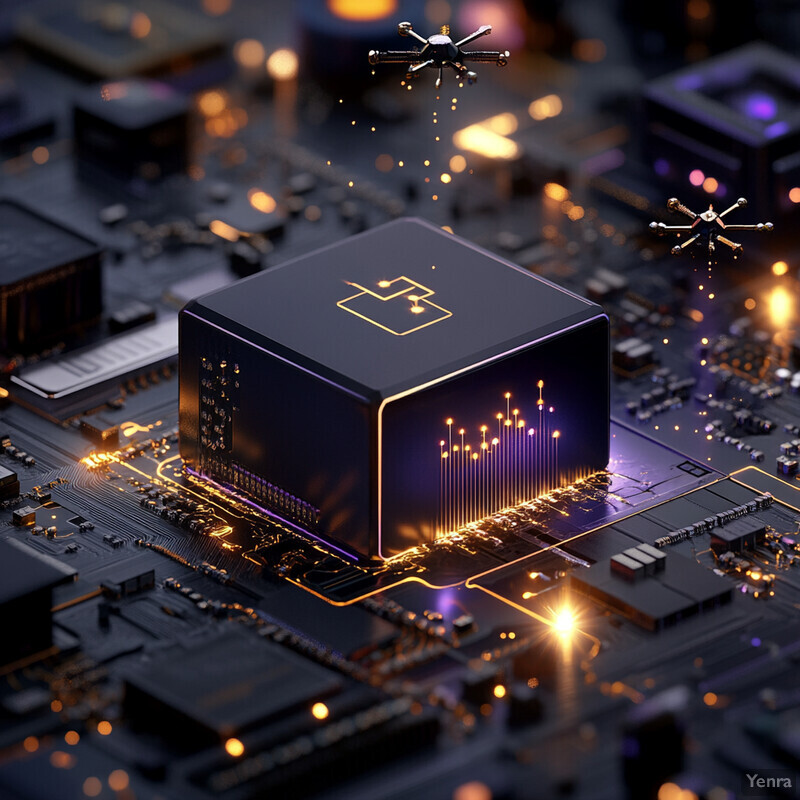 A 3D rendering of a computer chip with intricate design and functionality, surrounded by a complex network of wires and connectors.