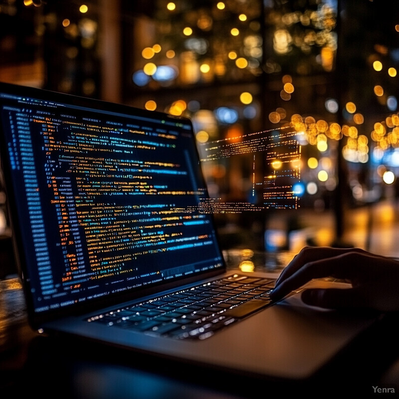 A laptop displaying code with a hand typing on the keyboard in an office setting.