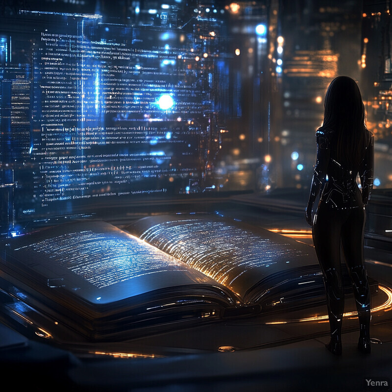 A woman in a shiny black jumpsuit stands next to an open book that is emitting light and data, set against a backdrop of code.