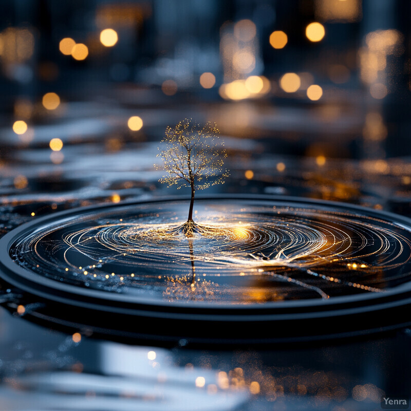 Abstract representation of two trees in water, surrounded by concentric circles and illuminated with golden light.