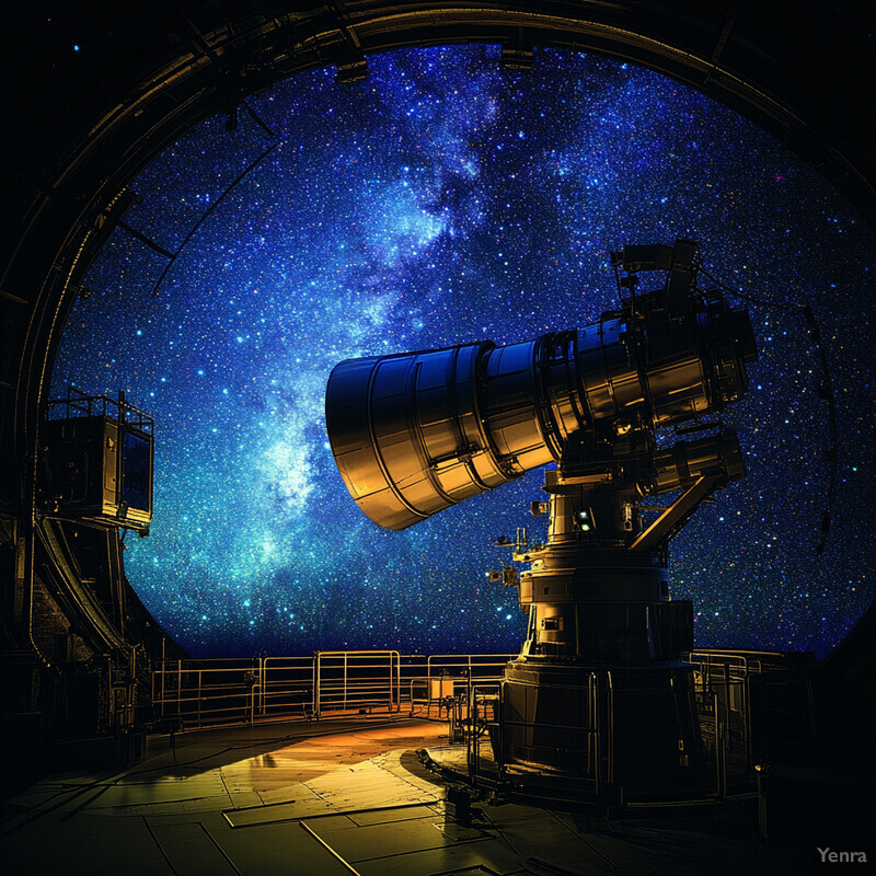 An astronomical observatory with a large telescope and a starry night sky visible through its dome.