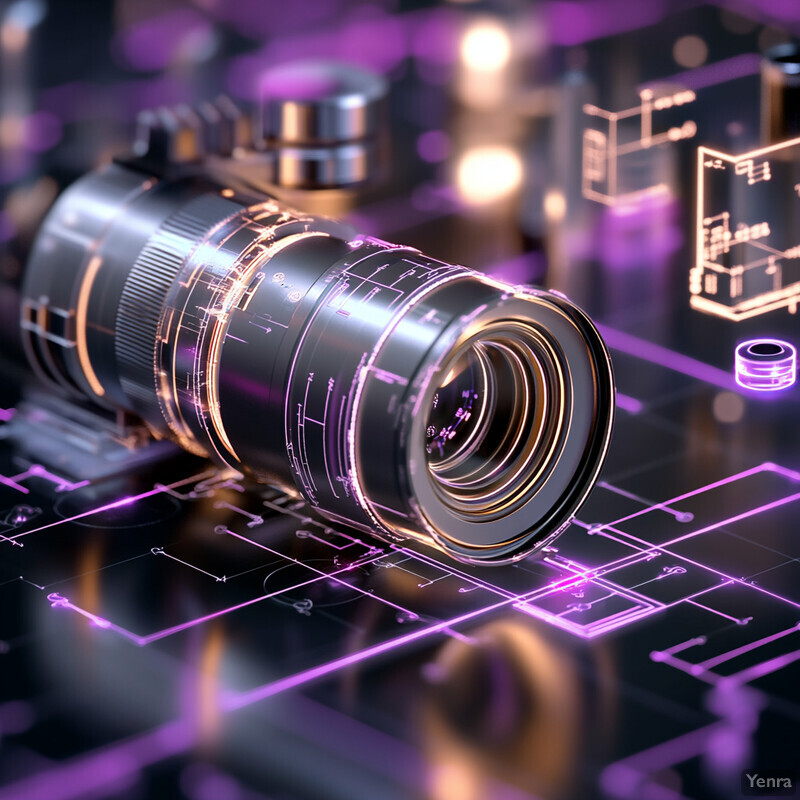 A camera lens and architectural blueprint are prominently displayed in a workshop or office setting.