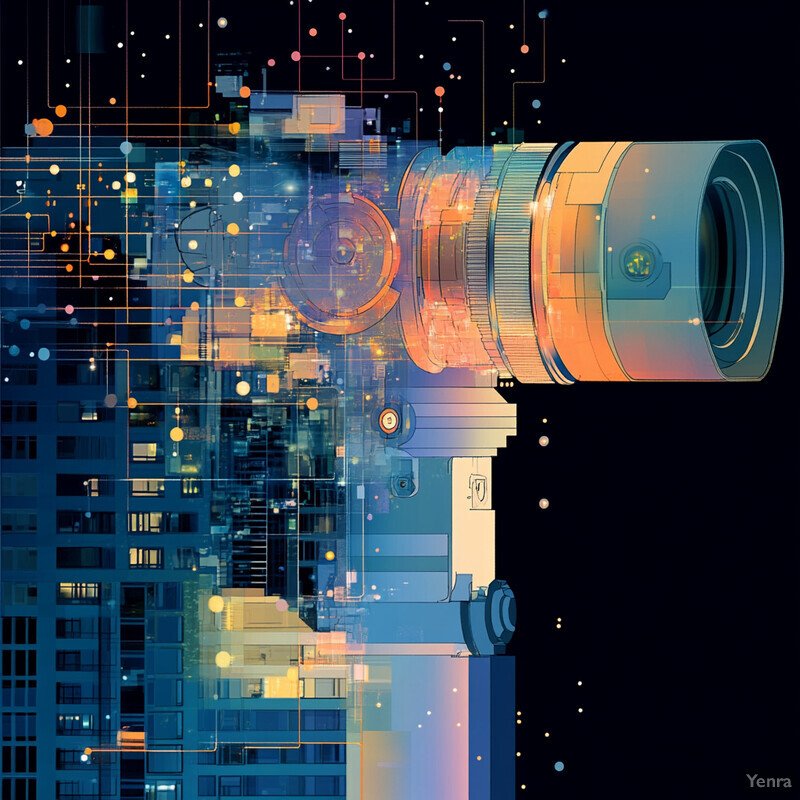 A digital illustration of a camera lens and cityscape at night, with various lines and dots representing circuitry and technology.