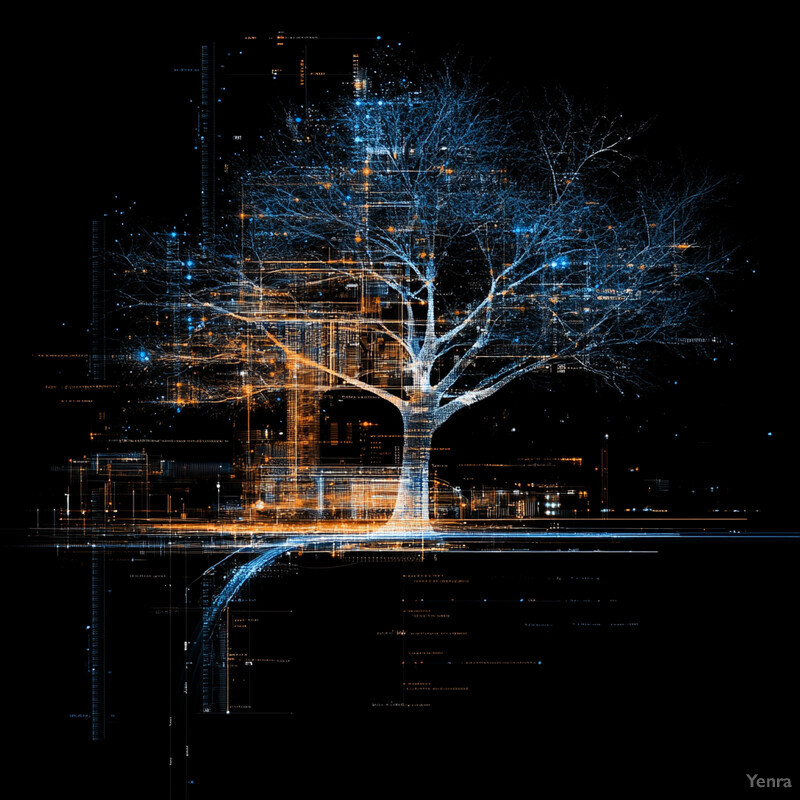 A tree with bare branches is depicted in shades of blue and orange, surrounded by lines of code.