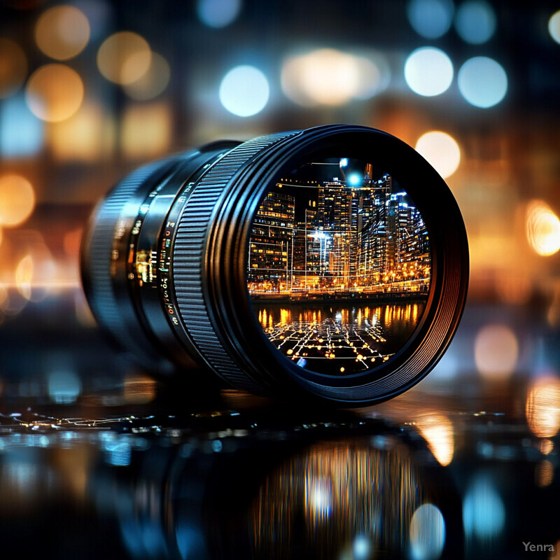 A camera lens lies on its side, reflecting a cityscape at night.