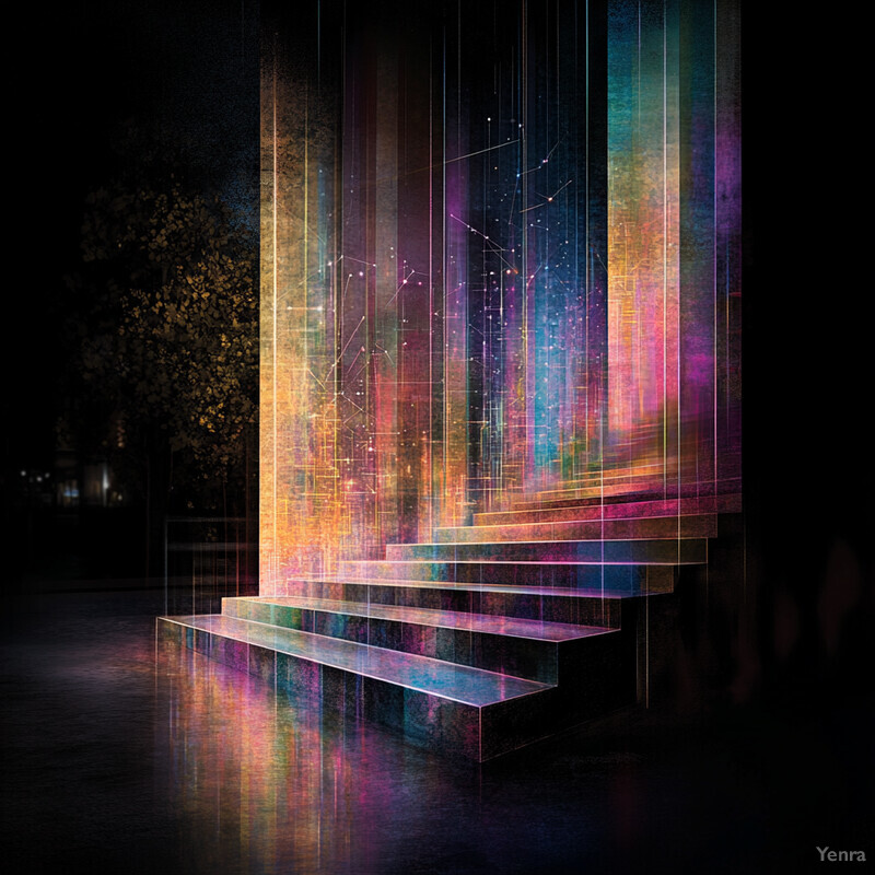 An abstract dreamlike scene with a staircase leading upwards to a dark sky filled with stars and constellations.