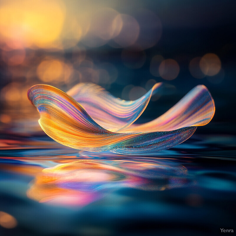 A dynamic and abstract artwork featuring curved lines in a gradient of blues and oranges.