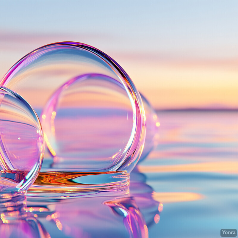 A trio of iridescent glass balls rests on a reflective surface, surrounded by a soft pastel sky.