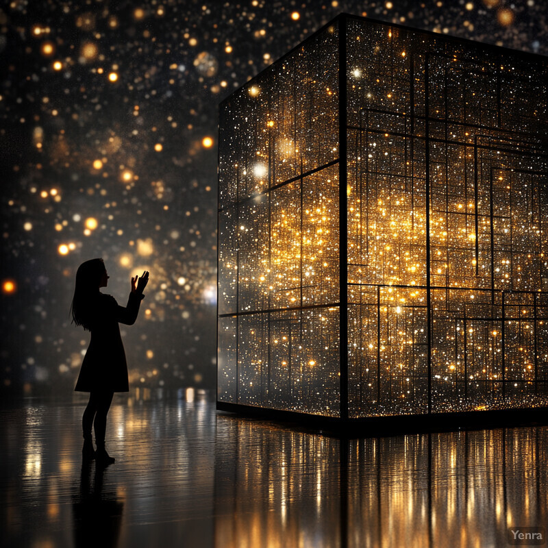 A woman stands in front of a large cube-shaped structure with a shimmering effect, admiring it or trying to communicate with it.