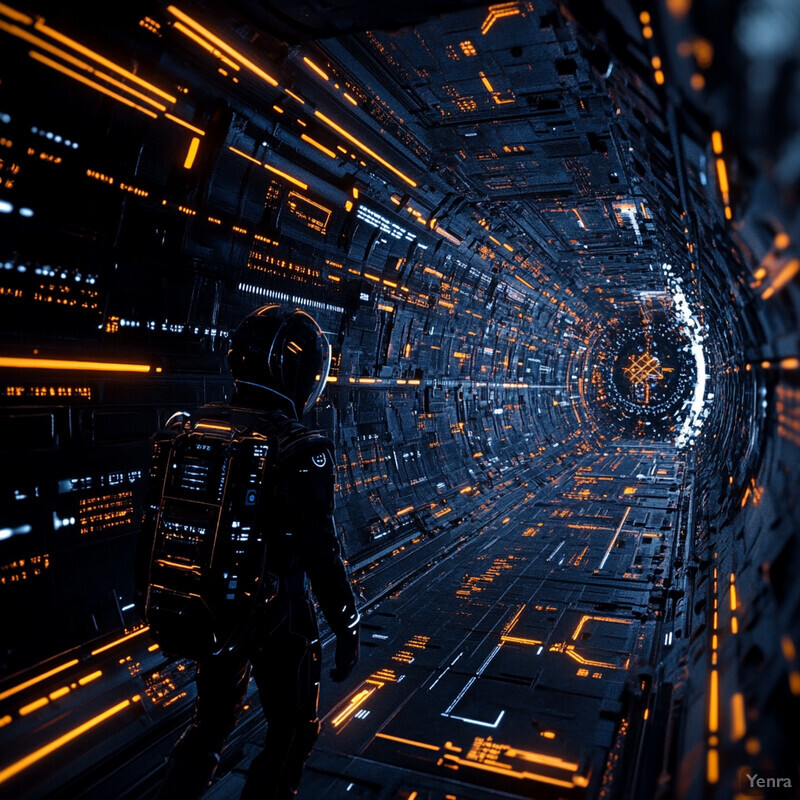 A humanoid figure stands in front of a large circular portal or doorway, surrounded by geometric shapes and lines that suggest advanced technology.