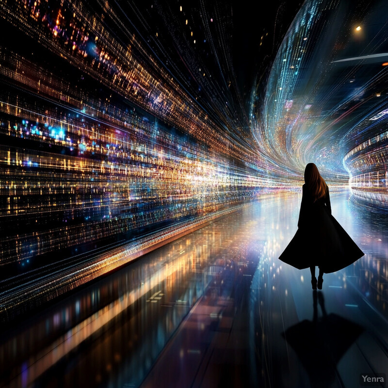 A woman in a long black coat stands in front of an abstract, swirling background.