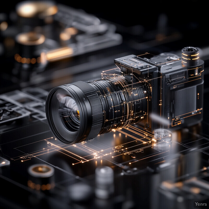 A detailed image of a camera lens with a black body and gold accents, showcasing its various components in high resolution.