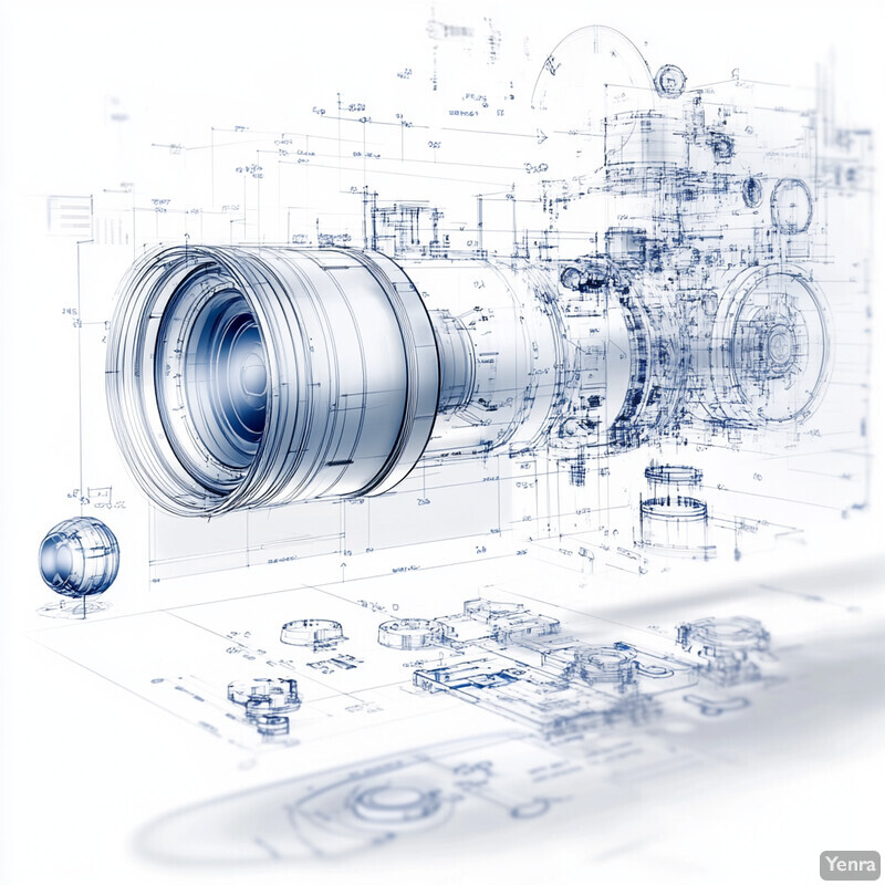 A detailed technical drawing of an optical lens with blue lines on a white background.