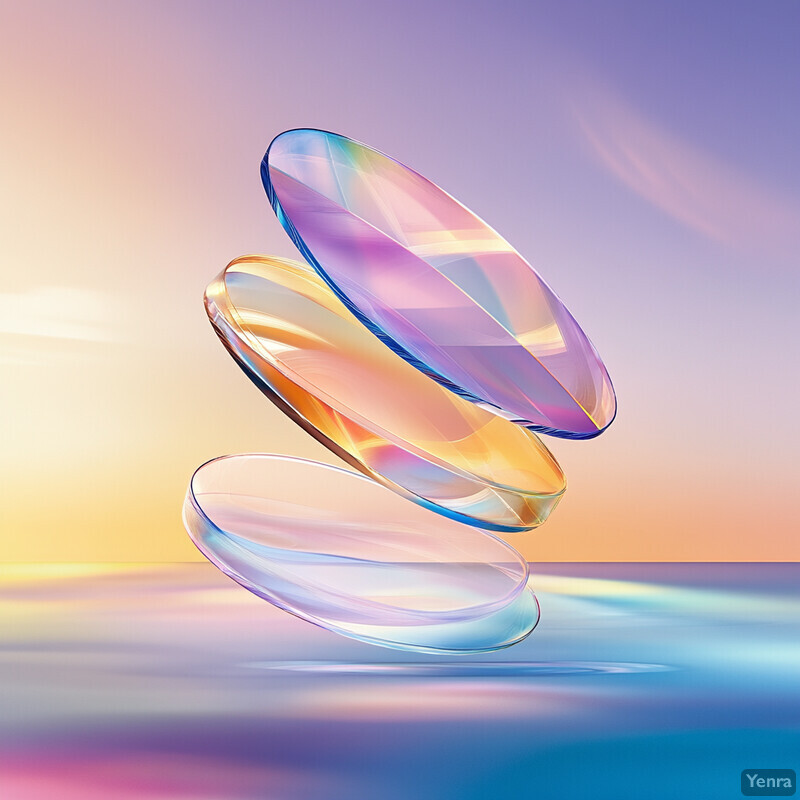 Three iridescent glass or crystal-like objects float in mid-air against a vibrant sunset backdrop.