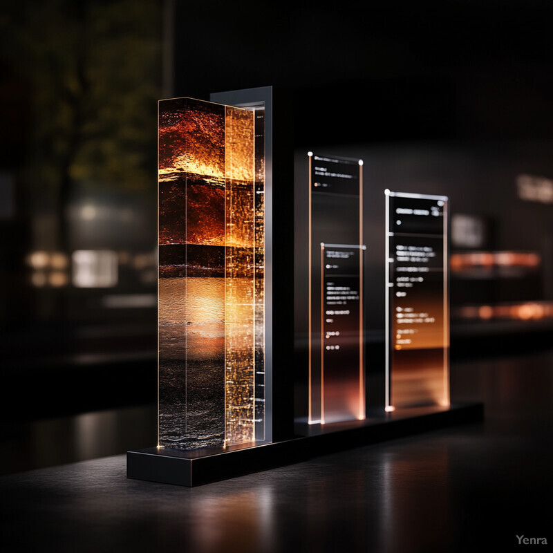 A dark room with two tall, thin glass or acrylic display cases lit from within, showcasing an orange-colored interior.