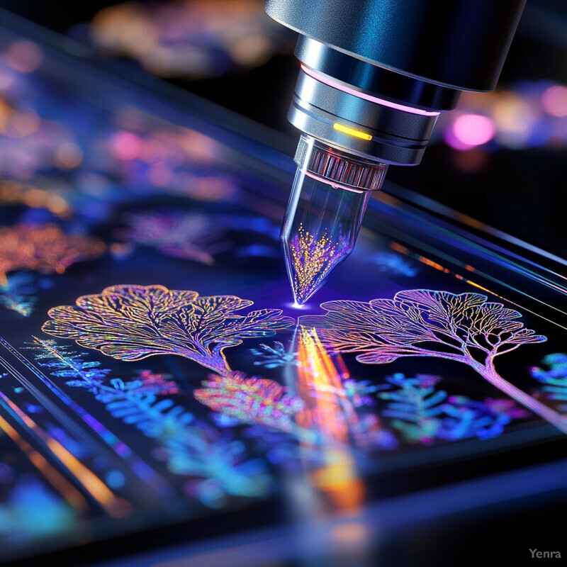 A 3D printing process using a laser to create intricate designs on a transparent material.