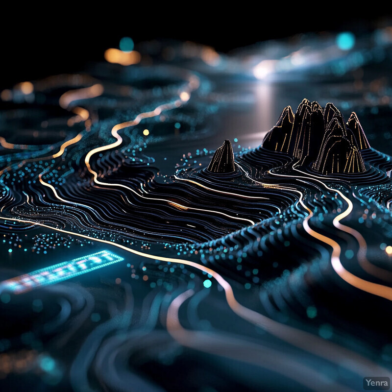 A futuristic landscape with a black background and blue lines radiating from the center, conveying a sense of technological advancement and innovation.