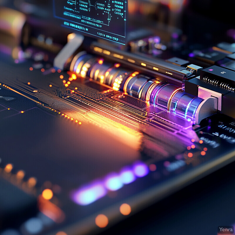 A photonics circuit layout and integration setup with cylindrical components and a printed circuit board.