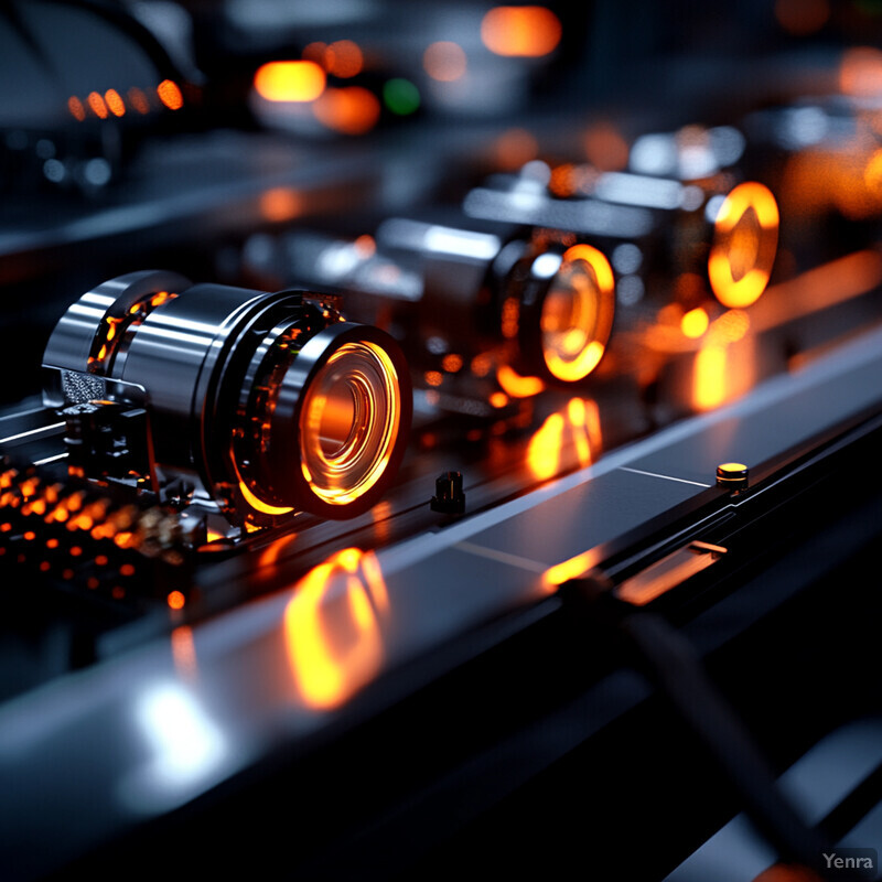 A row of cylindrical objects with orange lights inside are arranged on a metal track in a factory setting.