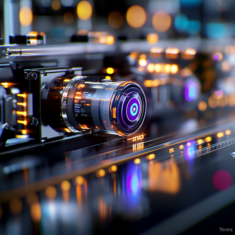 A detailed 3D rendering of a camera lens, showcasing its intricate components and functionality.