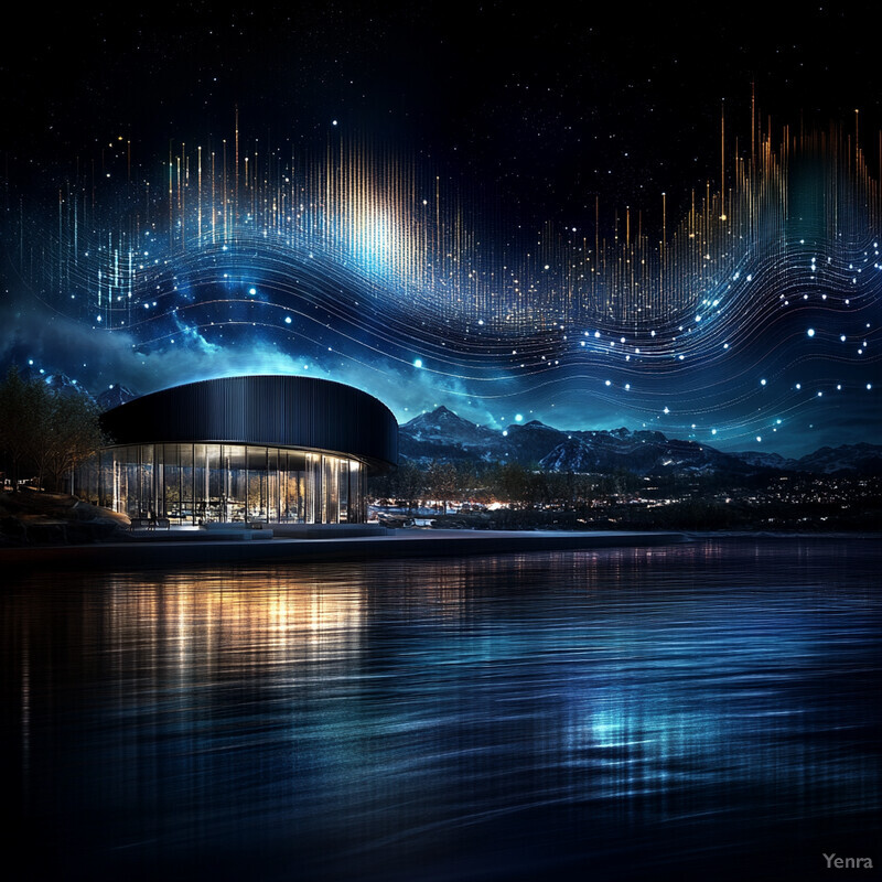 A futuristic building with a curved roof and floor-to-ceiling windows sits on the shore of a body of water, surrounded by natural elements.