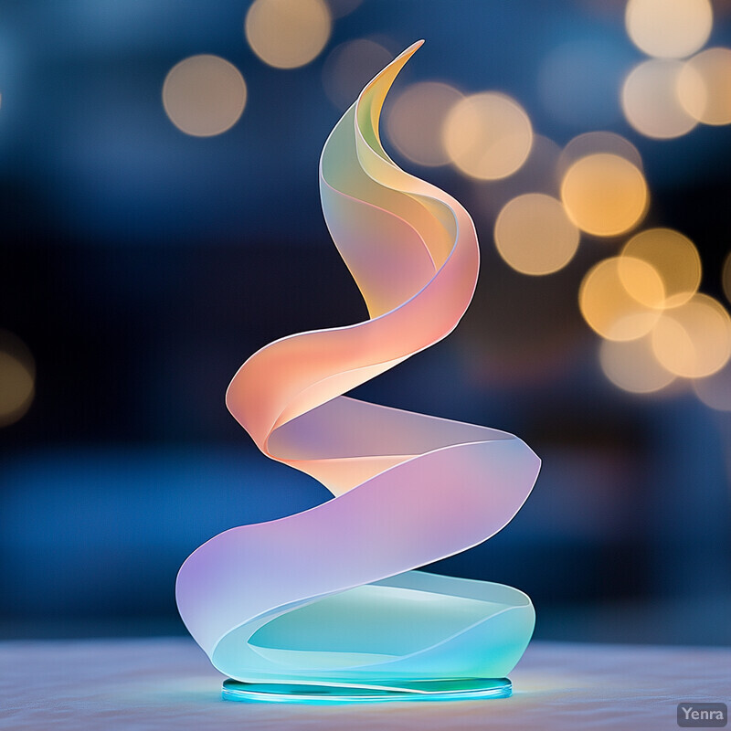 A glass sculpture in the shape of a ribbon on a reflective surface in an indoor room.