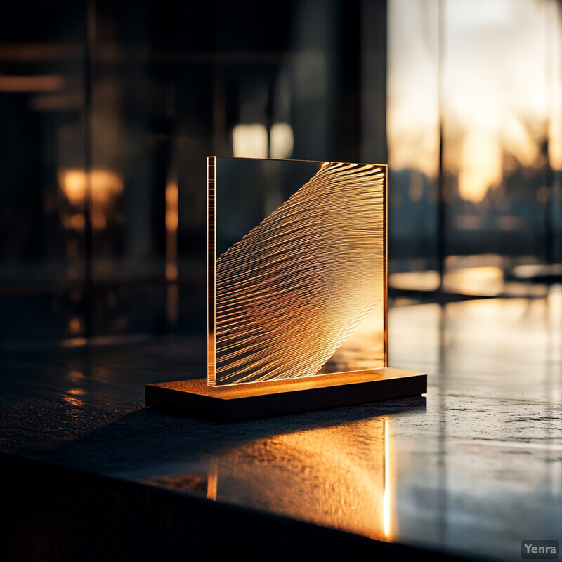 A glass or acrylic block with an abstract design etched into it is illuminated from within and placed on a reflective surface.