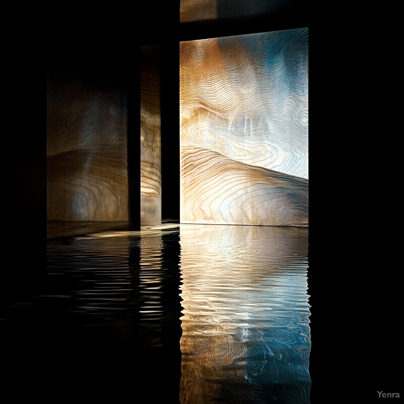 A unique and visually striking installation featuring two wooden blocks with intricately carved topographical patterns.