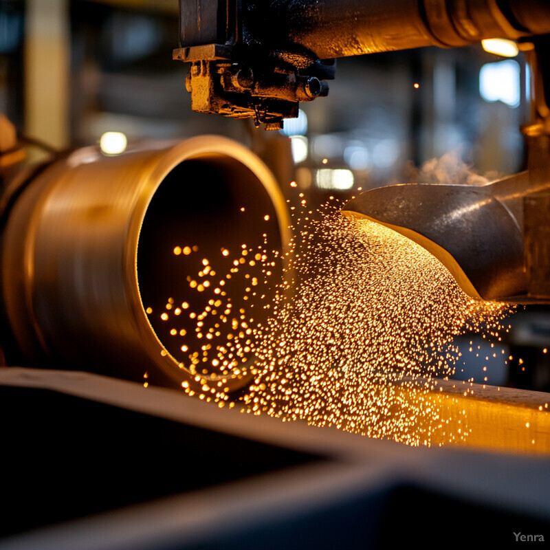 An industrial setting where machinery is being used to process metal pipes.