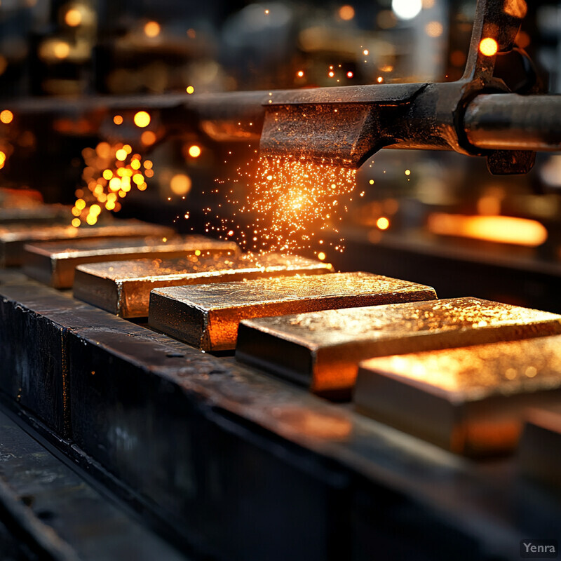 A machine pouring molten metal into molds in an industrial setting.