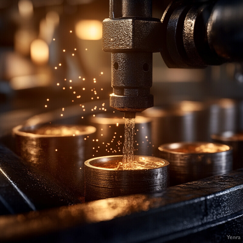 A machine pours molten metal into cylindrical molds in an industrial setting.