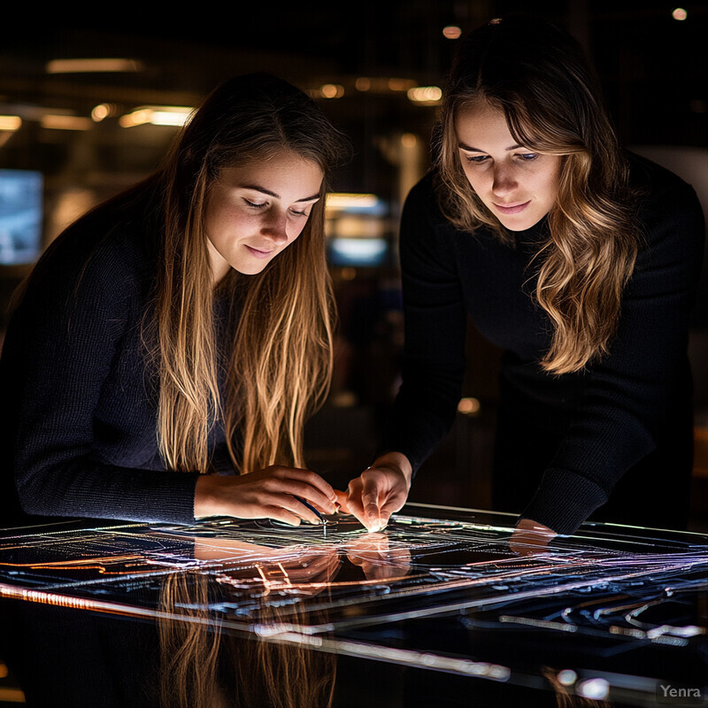 Two women are engaged in an interactive activity at a table with a unique display.