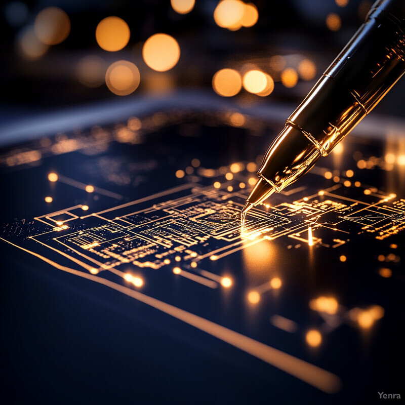 A person is poised to create a new design on a circuit board with a gold pen.