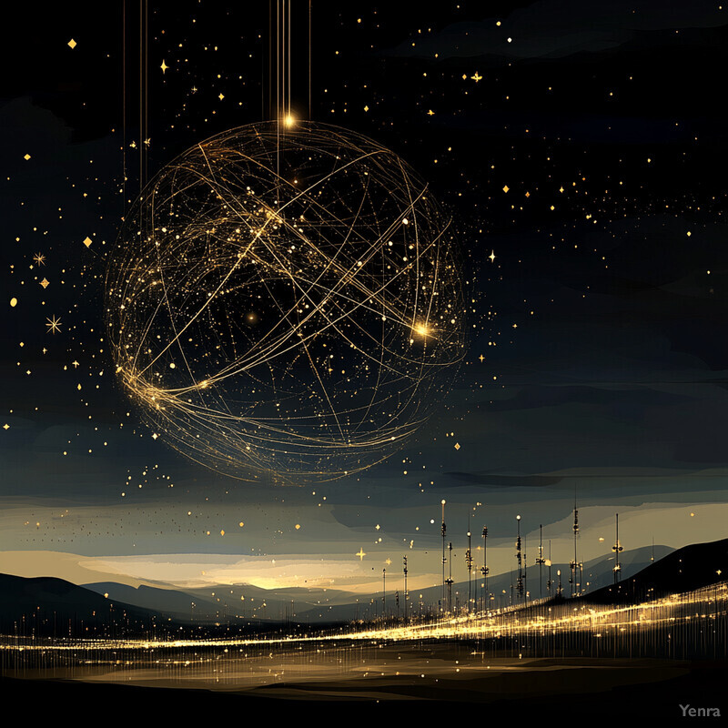 A celestial sphere hovers above a landscape of rolling hills and mountains, evoking a sense of wonder and awe.