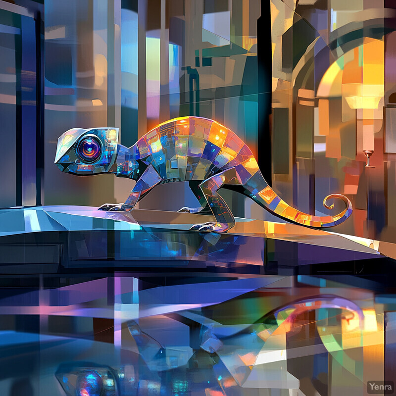 A metallic chameleon robot perched on a sleek surface in an indoor setting.